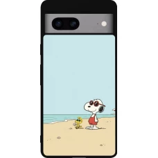 Coque Google Pixel 7a - Silicone rigide noir Snoopy on the beach Summer 2026