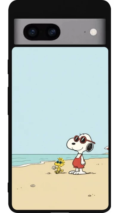 Coque Google Pixel 7a - Silicone rigide noir Snoopy on the beach Summer 2026