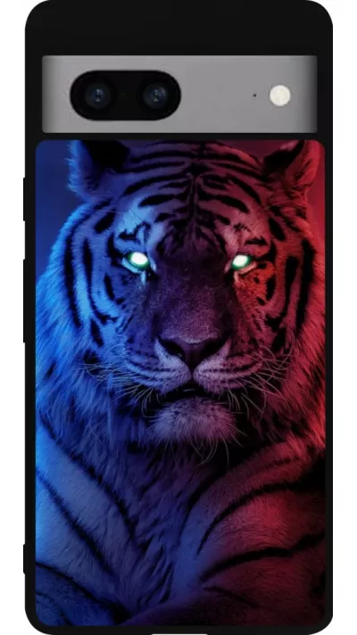 Coque Google Pixel 7a - Silicone rigide noir Tiger Blue Red