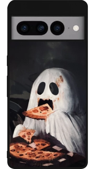 Coque Google Pixel 7 Pro - Silicone rigide noir Halloween 2026 Ghost eating pizza