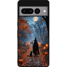 Coque Google Pixel 7 Pro - Silicone rigide noir Halloween 2026 Witch with a cat