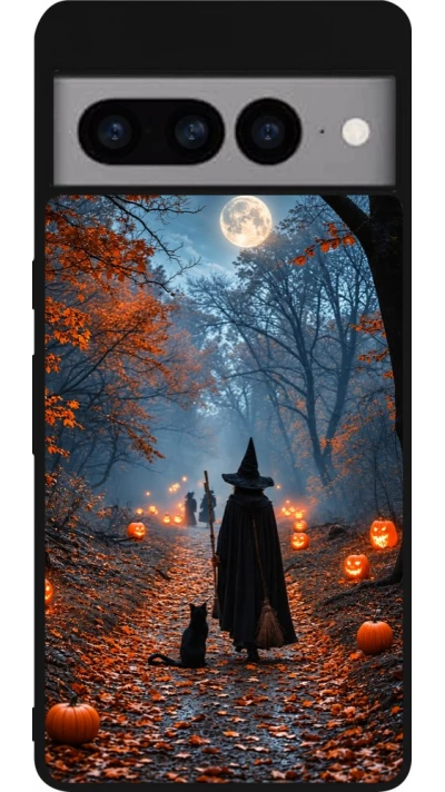Coque Google Pixel 7 Pro - Silicone rigide noir Halloween 2026 Witch with a cat