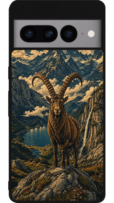 Coque Google Pixel 7 Pro - Silicone rigide noir Linocut Bouquetin