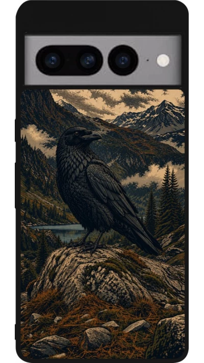 Coque Google Pixel 7 Pro - Silicone rigide noir Linocut Grand Corbeau