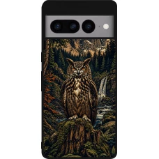 Coque Google Pixel 7 Pro - Silicone rigide noir Linocut Grand-Duc