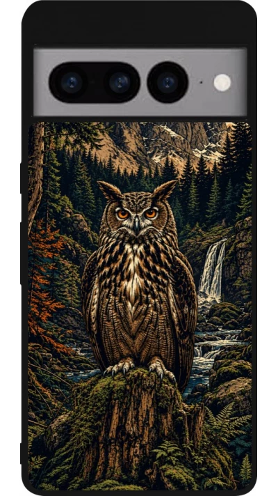 Coque Google Pixel 7 Pro - Silicone rigide noir Linocut Grand-Duc