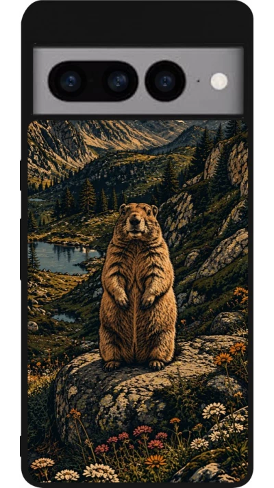Coque Google Pixel 7 Pro - Silicone rigide noir Linocut Marmotte