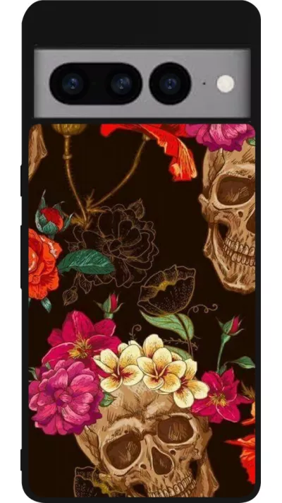 Coque Google Pixel 7 Pro - Silicone rigide noir Skulls and flowers