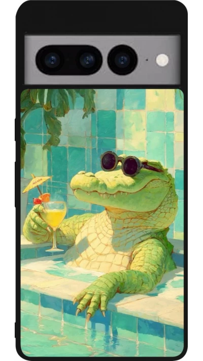 Coque Google Pixel 7 Pro - Silicone rigide noir Crocodile in the swimming pool Summer 2026