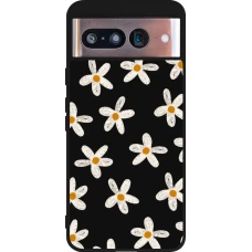 Coque Google Pixel 8 - Silicone rigide noir Easter 2024 white on black flower
