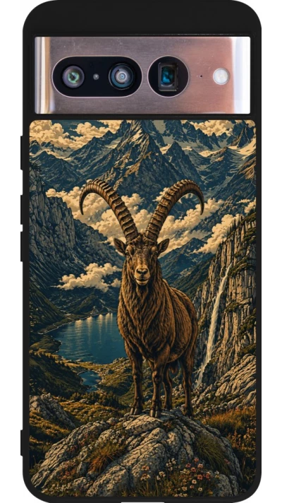 Coque Google Pixel 8 - Silicone rigide noir Linocut Bouquetin