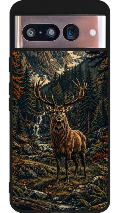 Coque Google Pixel 8 - Silicone rigide noir Linocut Cerf