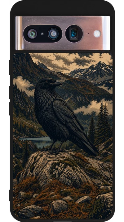 Coque Google Pixel 8 - Silicone rigide noir Linocut Grand Corbeau