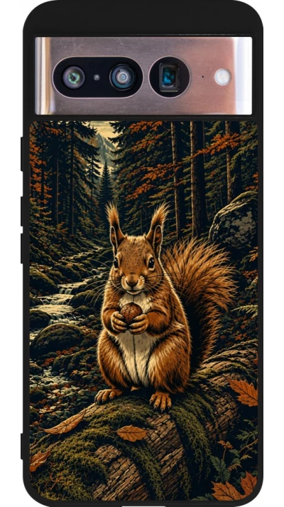 Coque Google Pixel 8 - Silicone rigide noir Linocut Ecureuil