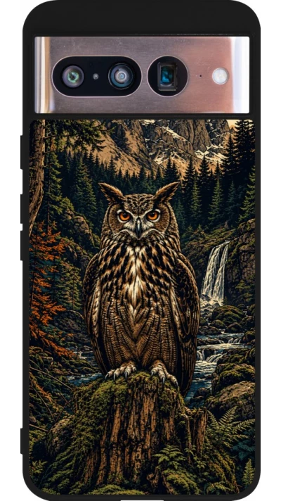 Coque Google Pixel 8 - Silicone rigide noir Linocut Grand-Duc