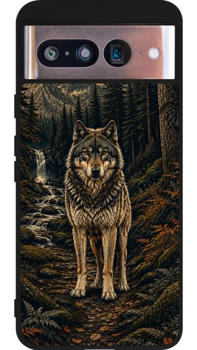 Coque Google Pixel 8 - Silicone rigide noir Linocut Loup