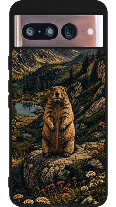 Coque Google Pixel 8 - Silicone rigide noir Linocut Marmotte