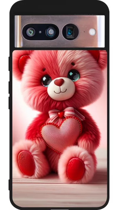 Coque Google Pixel 8 - Silicone rigide noir Valentine 2024 Ourson rose