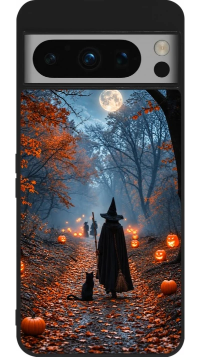 Google Pixel 8 Pro Case Hülle - Silikon schwarz Halloween 2026 Witch with a cat