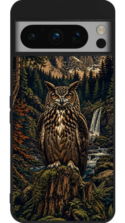 Coque Google Pixel 8 Pro - Silicone rigide noir Linocut Grand-Duc