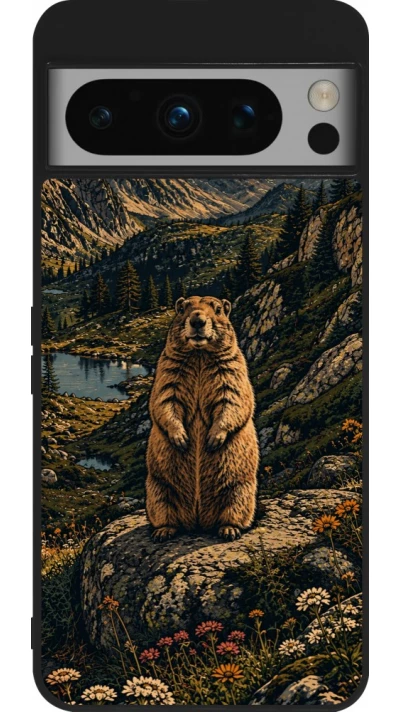 Coque Google Pixel 8 Pro - Silicone rigide noir Linocut Marmotte
