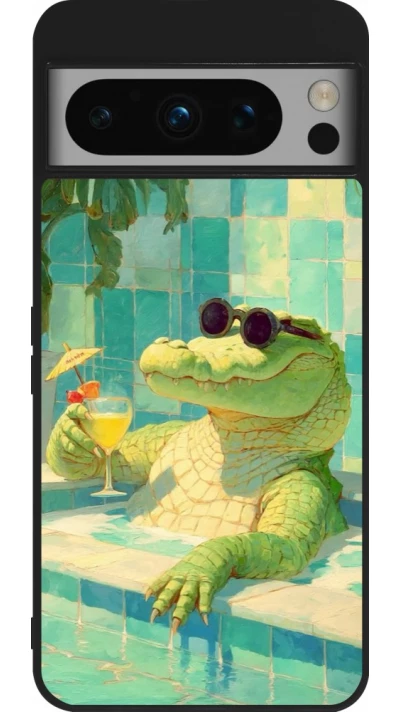 Coque Google Pixel 8 Pro - Silicone rigide noir Crocodile in the swimming pool Summer 2026