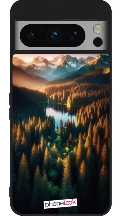 Google Pixel 8 Pro Case Hülle - Silikon schwarz Sonnenuntergang Waldsee