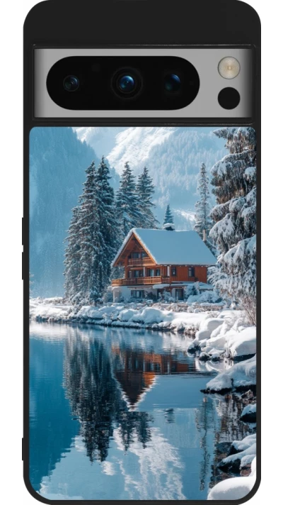 Coque Google Pixel 8 Pro - Silicone rigide noir Winter 25 Winter house forest day