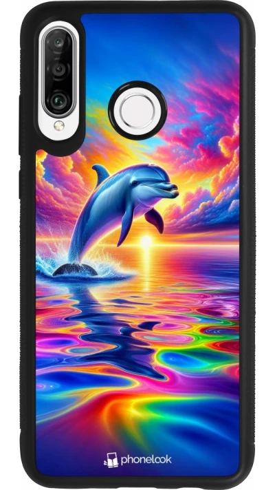 Coque Huawei P30 Lite - Silicone rigide noir Dauphin arc-en-ciel heureux