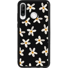 Huawei P30 Lite Case Hülle - Silikon schwarz Easter 2024 white on black flower