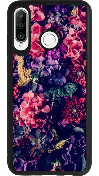 Coque Huawei P30 Lite - Silicone rigide noir Flowers Dark
