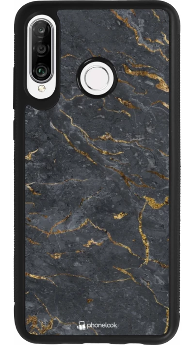 Coque Huawei P30 Lite - Silicone rigide noir Grey Gold Marble