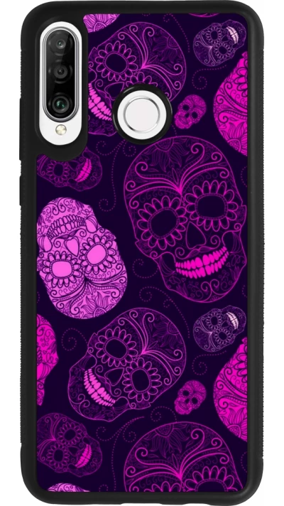Coque Huawei P30 Lite - Silicone rigide noir Halloween 2023 pink skulls