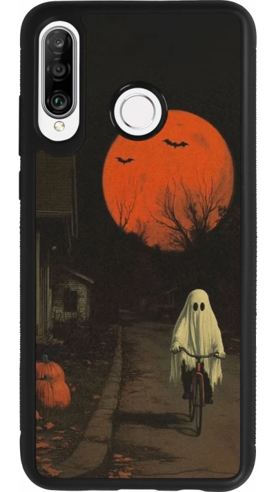 Coque Huawei P30 Lite - Silicone rigide noir Halloween 2025 Ghost on a bicycle