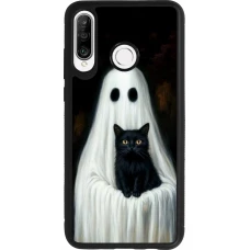 Coque Huawei P30 Lite - Silicone rigide noir Halloween 2025 Ghost with black cat
