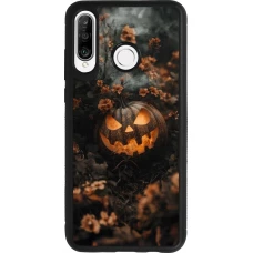 Coque Huawei P30 Lite - Silicone rigide noir Halloween 2025 Pumpkin with flowers
