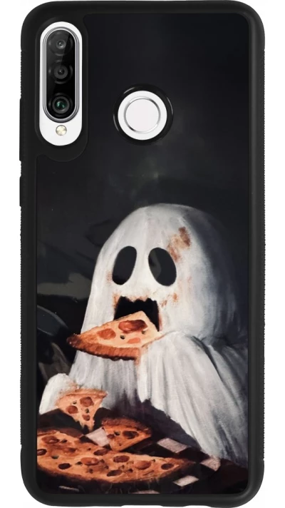 Huawei P30 Lite Case Hülle - Silikon schwarz Halloween 2026 Ghost eating pizza
