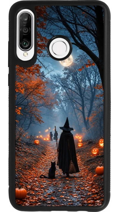 Huawei P30 Lite Case Hülle - Silikon schwarz Halloween 2026 Witch with a cat