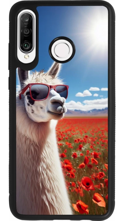 Coque Huawei P30 Lite - Silicone rigide noir Lama Chic en Coquelicot