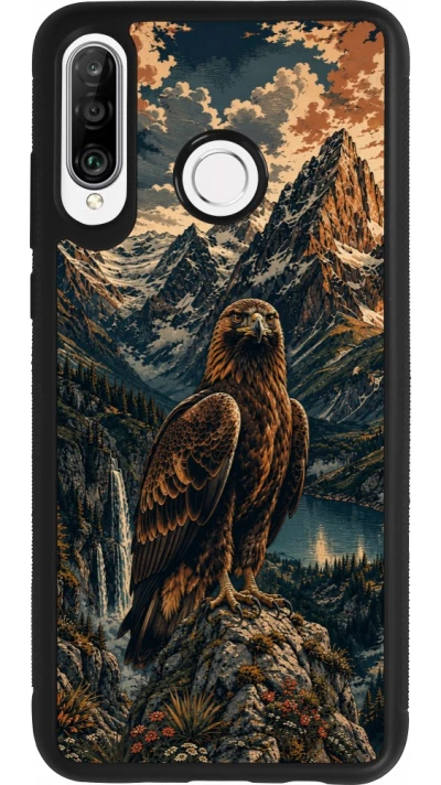 Coque Huawei P30 Lite - Silicone rigide noir Linocut Aigle Royal