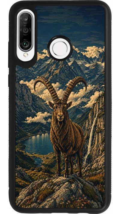 Coque Huawei P30 Lite - Silicone rigide noir Linocut Bouquetin
