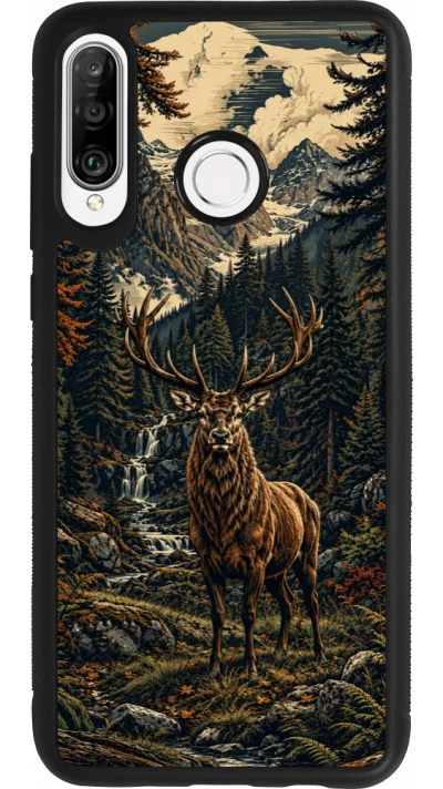 Coque Huawei P30 Lite - Silicone rigide noir Linocut Cerf