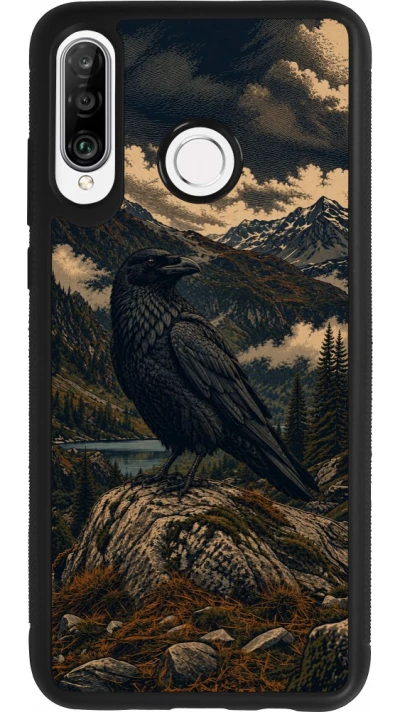 Coque Huawei P30 Lite - Silicone rigide noir Linocut Grand Corbeau