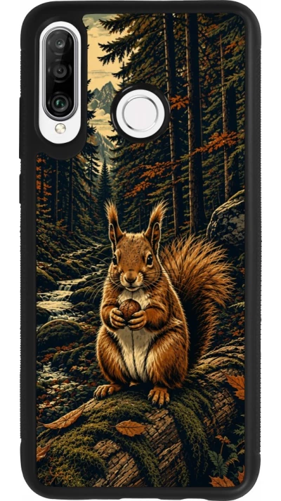 Coque Huawei P30 Lite - Silicone rigide noir Linocut Ecureuil
