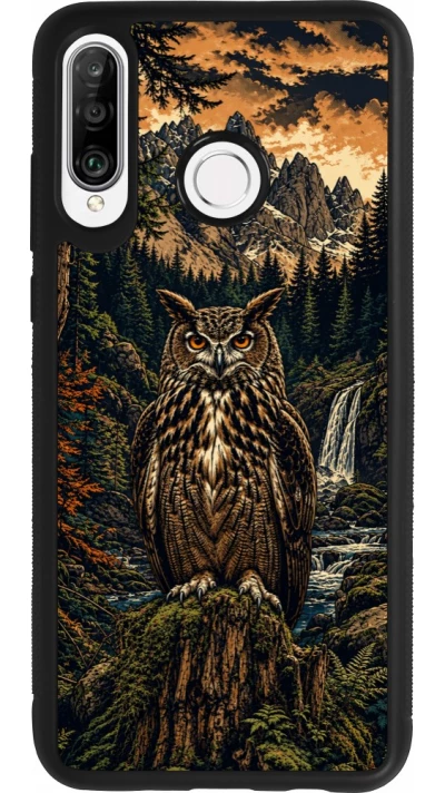 Coque Huawei P30 Lite - Silicone rigide noir Linocut Grand-Duc