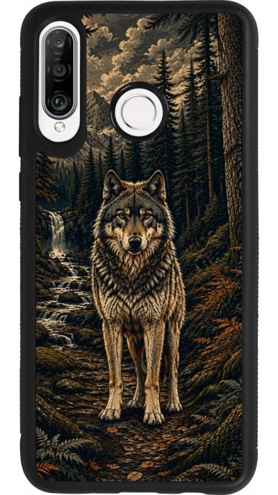 Coque Huawei P30 Lite - Silicone rigide noir Linocut Loup