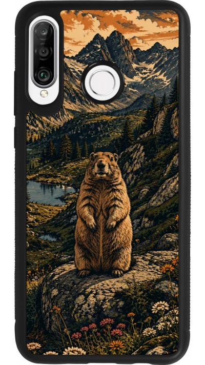 Coque Huawei P30 Lite - Silicone rigide noir Linocut Marmotte