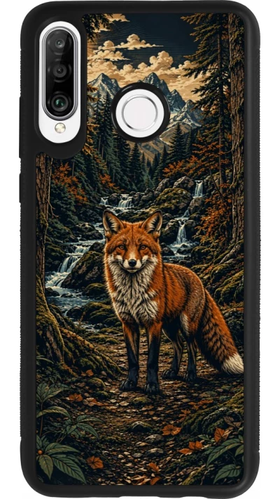 Coque Huawei P30 Lite - Silicone rigide noir Linocut Renard
