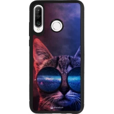 Coque Huawei P30 Lite - Silicone rigide noir Red Blue Cat Glasses