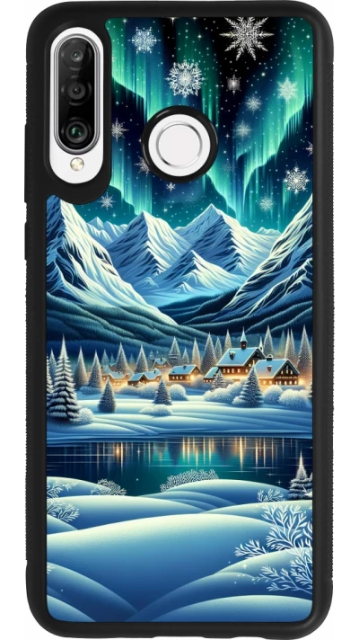 Huawei P30 Lite Case Hülle - Silikon schwarz Verschneites Bergdorf am See in der Nacht